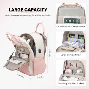 LOVEVOOK Laptop Backpack Purse for Women, 15.6 Inch Waterproof Work Laptop Bag, Large Teacher Nurse Bag with USB Port, Business Travel Computer Backpack, Beige-Pink