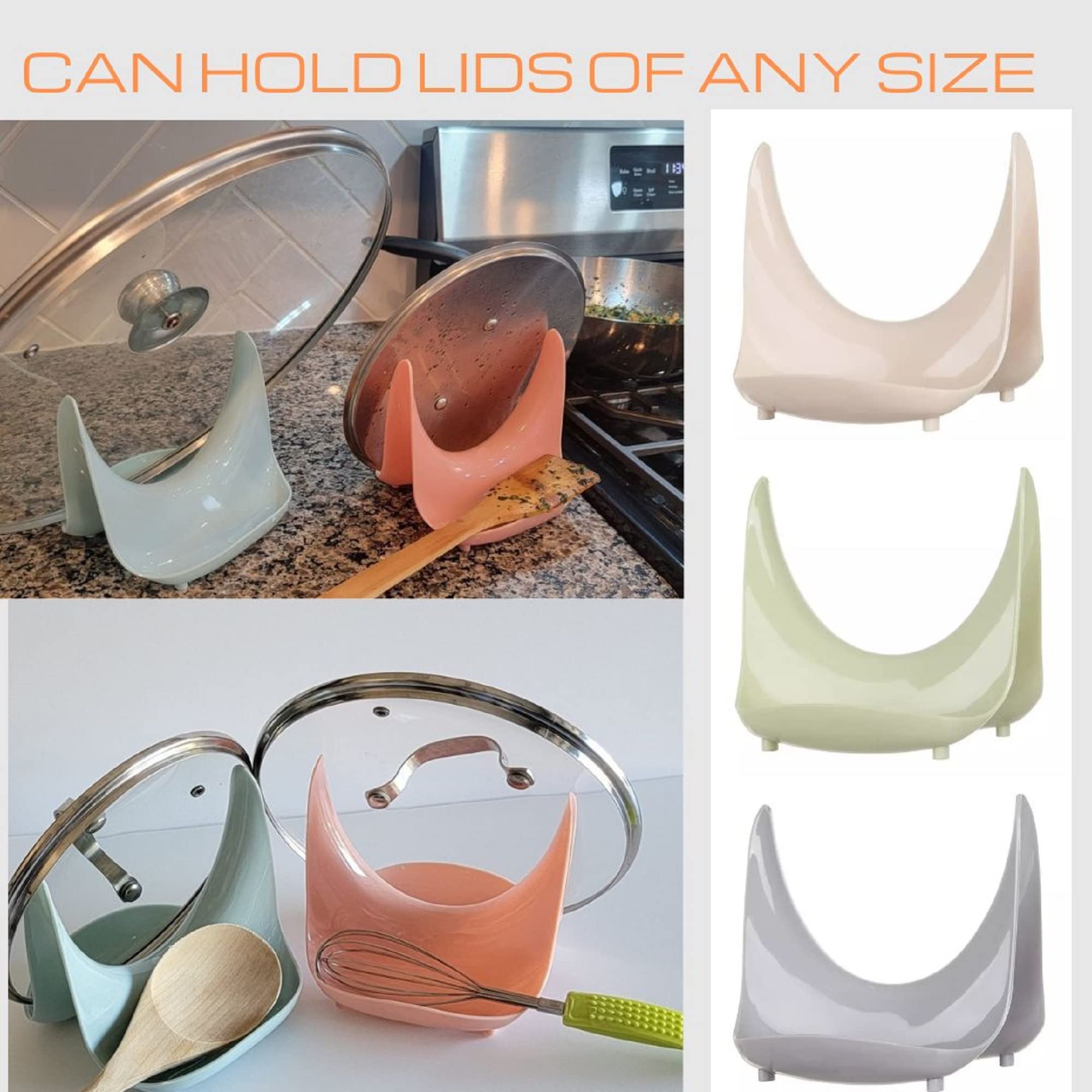 Non-Skid PP Plastic Pot Lid Stand , Cover Holder Sets Lid Rack, Multifunction 2 Side Pot Lid Holder , Pot Lid Stand for Home Kitchen, Holds 2 lids of any size or can be used as spoon rest (Green)