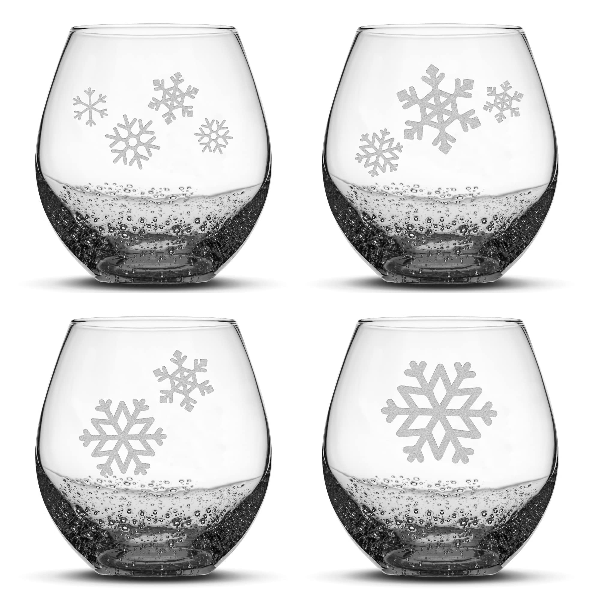 Integrity Bottles, Snowflakes (Set of 4) Stemless Wine Glass, Handmade, Handblown, Hand Etched Gifts, Sand Carved, 18oz (Bubble Smoke)