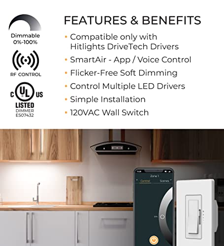 HitLights DimTech Smart Dimmer Switch for LED Lights, Controls DriveTech LED Dimmable Drivers Wirelessly, Works with Alexa and Google Home, Neutral Wire Required, Loads 700W, White Faceplate Included