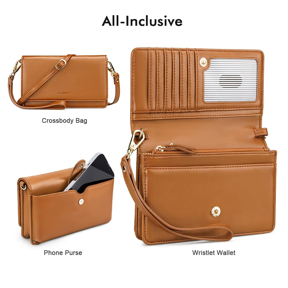 nuoku Crossbody Bag for Women Cellphone Little Purse with Credit Card Slots Lightweight Leather Wristlet Wallet, Brown