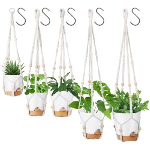 gardife hanging planters for indoor plants,5pcs hanging basket for indoor boho home decor,macrame plant hanger,35 inches,29inch,23inch, ivory,self watering planters, 7/6.5/6/5.5/5 inch,white&white