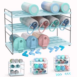 Water Bottle Organizer for Cabinet, 3-Shelf Expandable & Height Adjustable Storage Rack for Kitchen Cabinets Pantry, Tumbler Organizer for Cups with Straws, Holds 15 Bottles (Powder Blue)