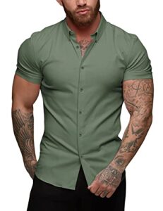urru men's muscle dress shirts slim fit stretch short sleeve casual button down shirts for men army green m