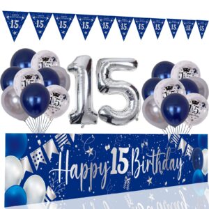 15th birthday decorations for boys and girls blue, happy 15th birthday backdrop banner balloons 15 years old party supplies with happy birthday banner silver 15 birthday decor 15th bday women her him