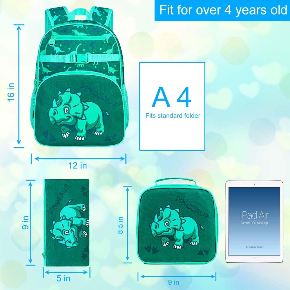 TXHVO 3pcs Dinosaur Backpack for Boys, 16" Kids Bookbag with Lunch Box, Cute Dino Backpacks for Elementary Kindergarten Preschool(Green)