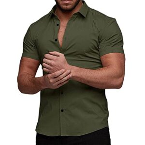 Men's Muscle Dress Shirts Short Sleeve Casual Athletic Fit Button Down Shirt Green