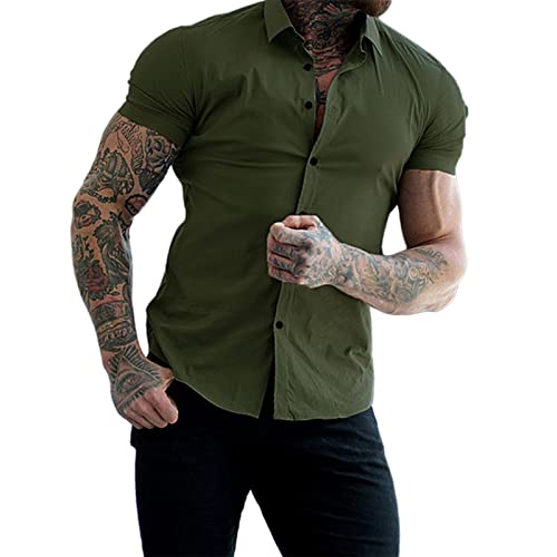 Men's Muscle Dress Shirts Short Sleeve Casual Athletic Fit Button Down Shirt Green