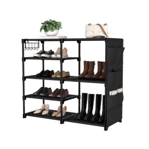 xjjx 5-tier shoe rack storage for closet, 28 pairs metal stackable shoes rack boots organizer shoe shelf shoe stand with side bag for entryway closet hallway and bedroom