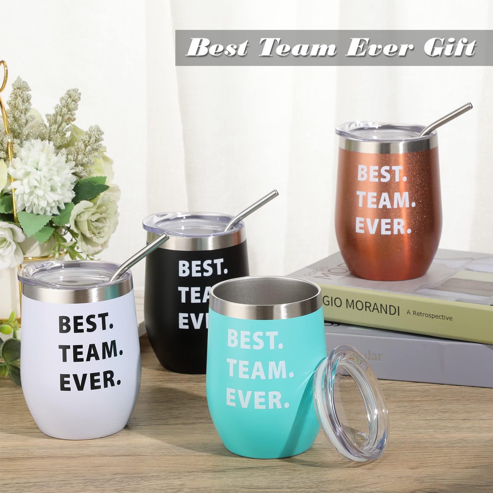 Pinkunn 8 Pcs Best Team Ever Tumblers Thank You Employee Appreciation Gifts Stainless Steel Insulated Wine Tumbler Christmas Team Gifts with Lid and Straw for Coworkers Women Men, 12 oz(Black)