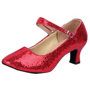 mid-high heels glitter dance shoes women ballroom latin tango dance shoes ladies pumps (red, 5)