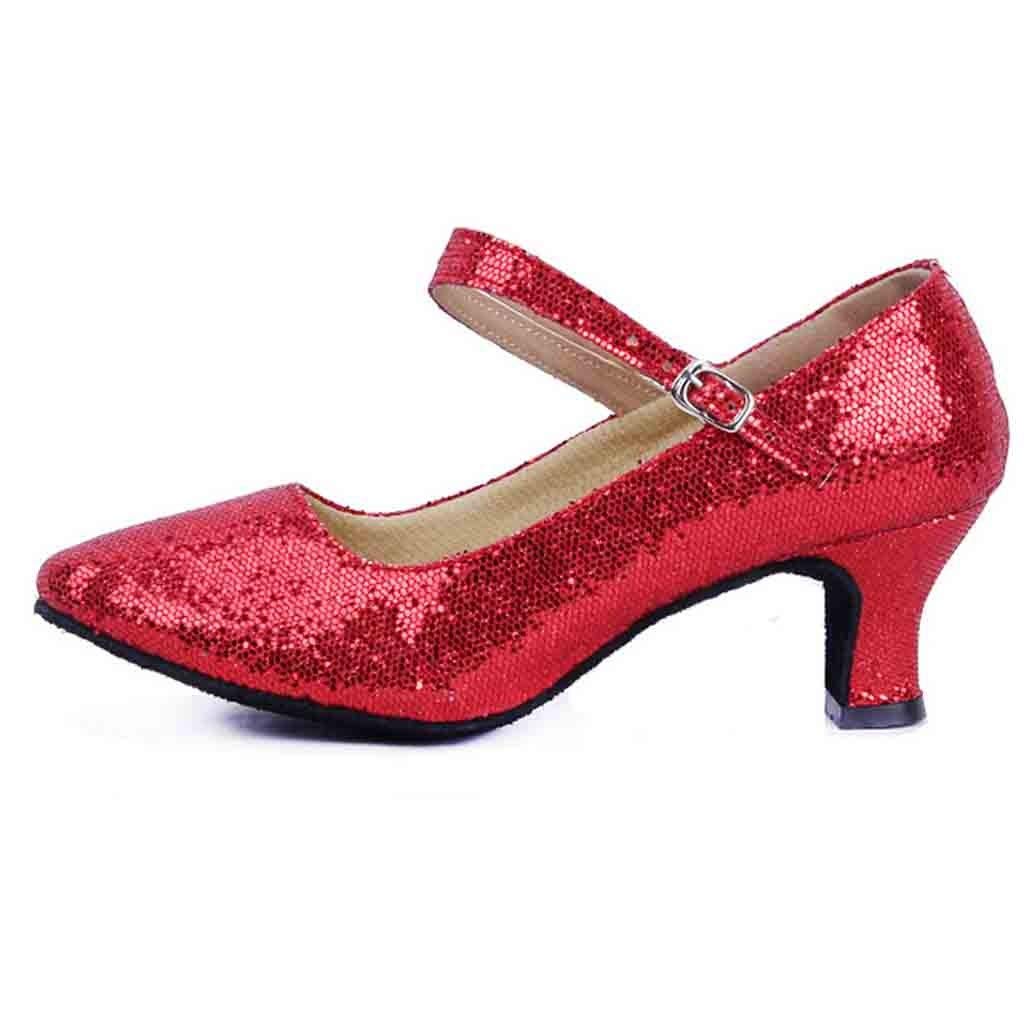 Mid-High Heels Glitter Dance Shoes Women Ballroom Latin Tango Dance Shoes Ladies Pumps (Red, 5)