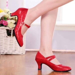 Mid-High Heels Glitter Dance Shoes Women Ballroom Latin Tango Dance Shoes Ladies Pumps (Red, 5)