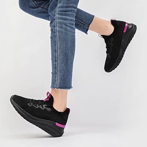 ANJOUFEMME Fashion Wedge Sneakers for Women - Comfortable Slip on Sneakers for Women Tennis Shoes Womens Breathable Walking Shoes PGYDX03W-171-FN-BLACK-6.5