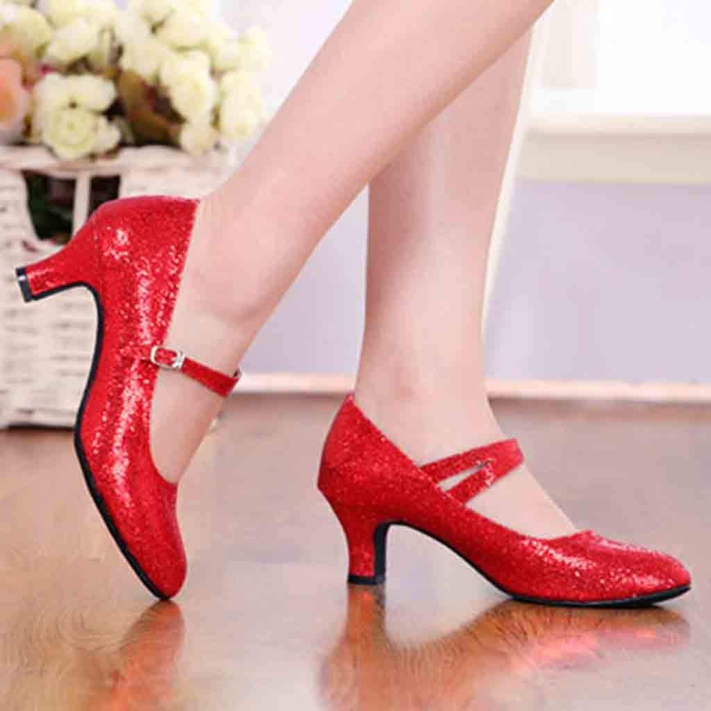 Mid-High Heels Glitter Dance Shoes Women Ballroom Latin Tango Dance Shoes Ladies Pumps (Red, 6)