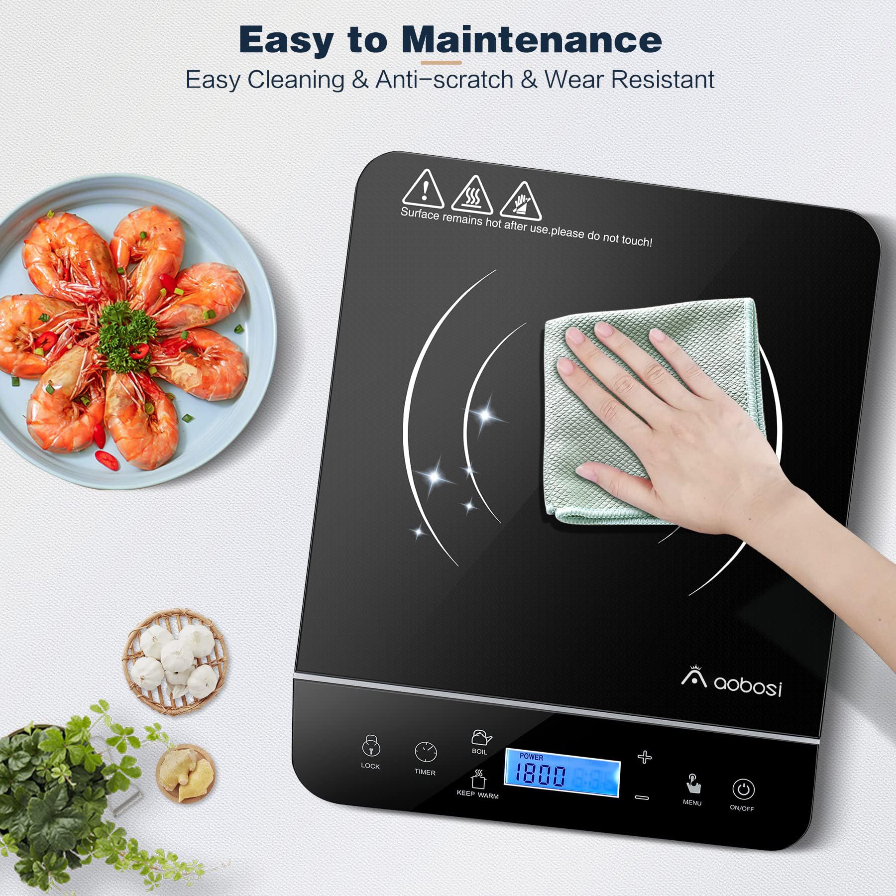 AAOBOSI Portable Induction Cooktop,1800W Induction Cooker with LCD Sensor Touch, Induction Cooktop Burner Child Safety Lock & 10H Timer, 9 Power 10 Temperature Setting for Cooking