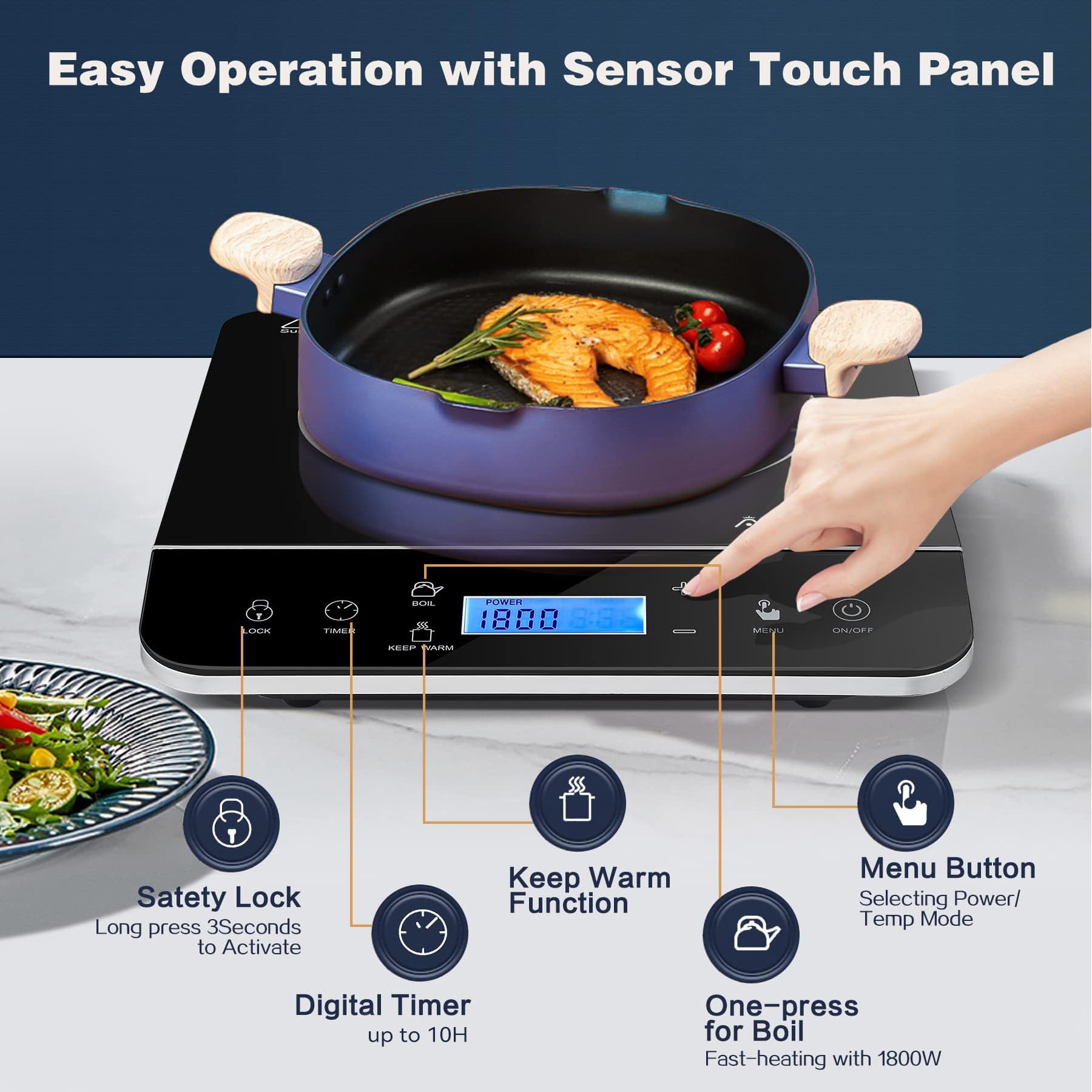 AAOBOSI Portable Induction Cooktop,1800W Induction Cooker with LCD Sensor Touch, Induction Cooktop Burner Child Safety Lock & 10H Timer, 9 Power 10 Temperature Setting for Cooking