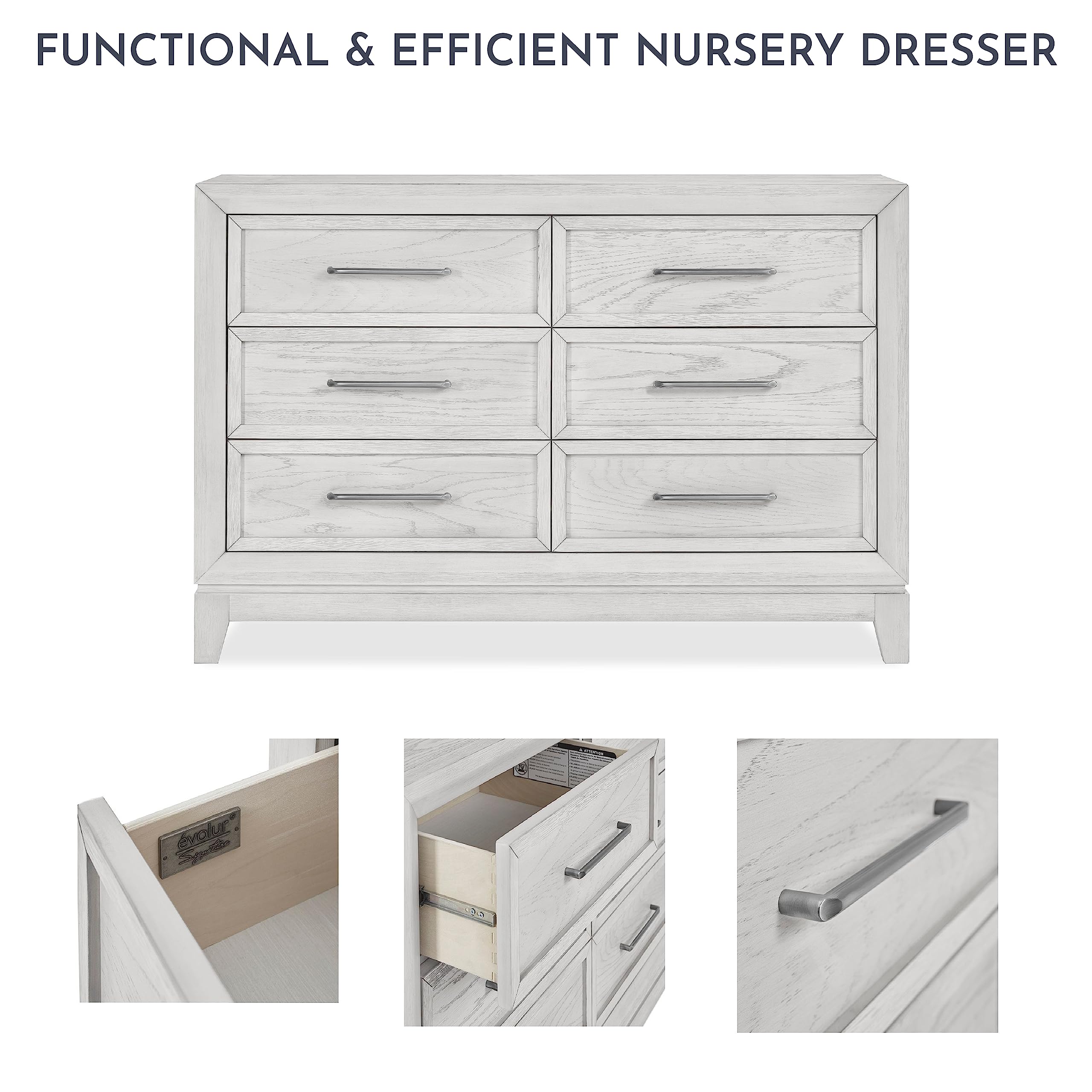 Evolur Lourdes Double Dresser in Greyhound, Comes with Six Spacious Drawers, Made of Hardwood, Included Anti Tipping Kit, Dresser for Nursery, Bedroom, Wooden Nursery Furniture