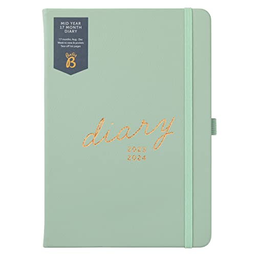 Busy B Mid Year 17 Month Diary August 2023 - December 2024 - Sage - Faux Leather Academic Diary with Week to View Planner with Pen Holder, Elastic Closure and Storage Pockets