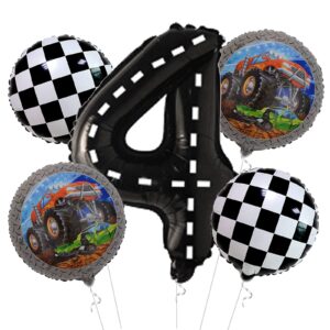 monster truck 4th birthday party supplies | monster truck balloon | giant 40 inch race car number 4 balloon monster truck balloons black white flags balloons for 4th birthday party decorations