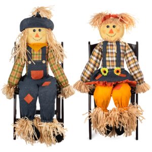 large thanksgiving sitting scarecrow decor, set of 2 50" boy girl sitting couple scarecrows deluxe holiday indoor outdoor fall decoration for autumn harvest home porch yard garden fireplace mantle