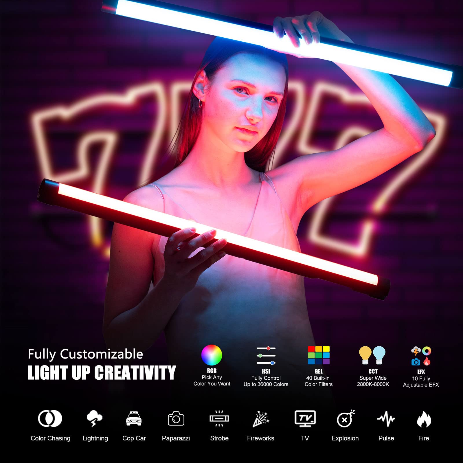 Mettlelite TLX2 RGB Tube Light LED Full Color Portable Video Light with APP DMX Control 2 ft 2800K-8000K CRI96 TLCI97 360° RGB CCT HSI Mode 10 Customizable Light Effects Built in Rechargeable Battery