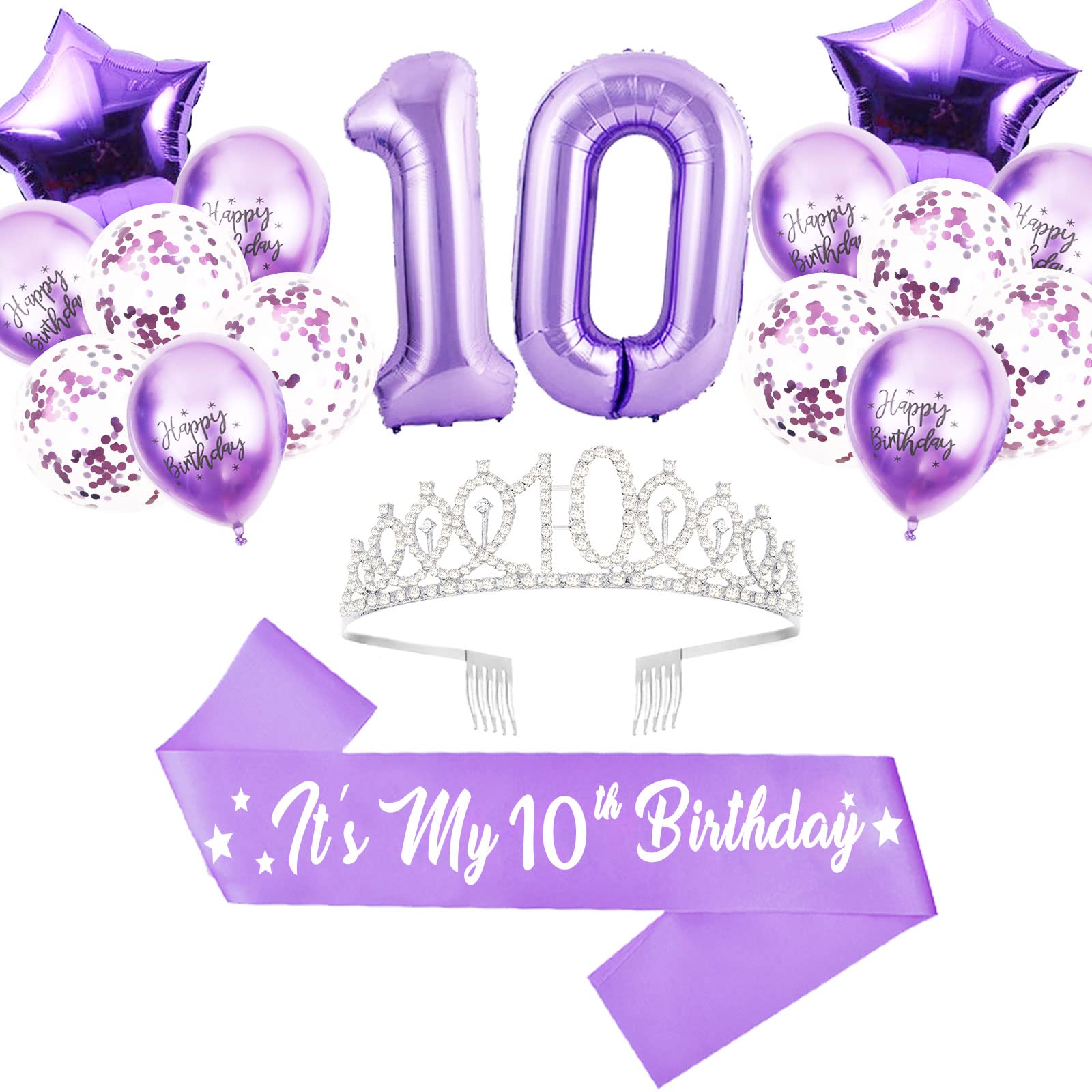 10th Birthday Decorations for Girls, Lavender Glitter Birthday sash, Silver 10th Birthday Crown, Lavender No.10 and Star Aluminum Foil Balloon, Happy Birthday Latex Balloons