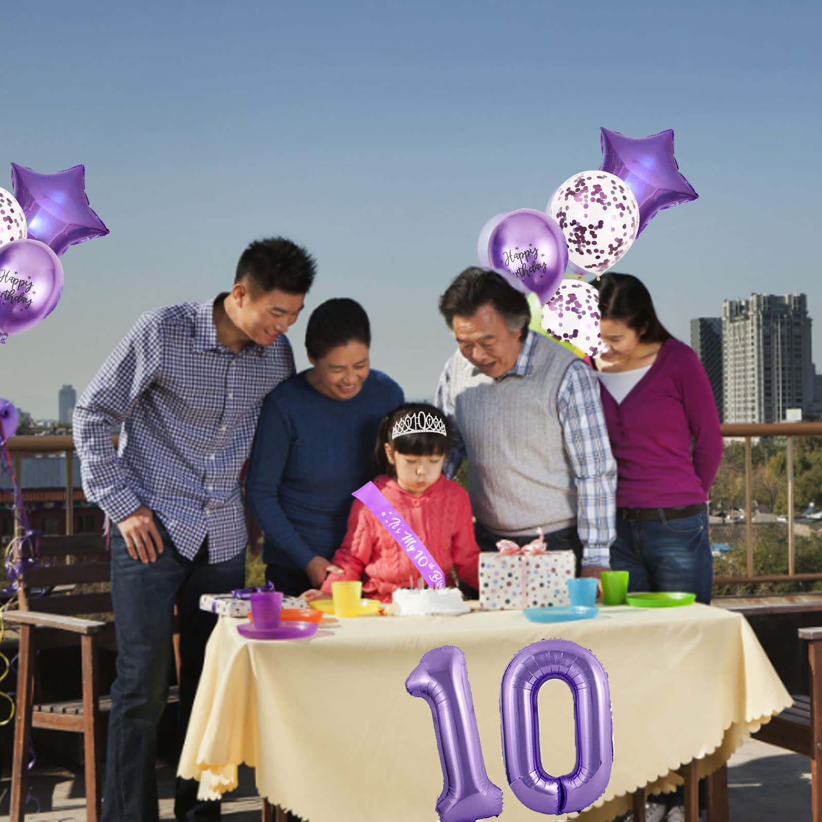 10th Birthday Decorations for Girls, Lavender Glitter Birthday sash, Silver 10th Birthday Crown, Lavender No.10 and Star Aluminum Foil Balloon, Happy Birthday Latex Balloons