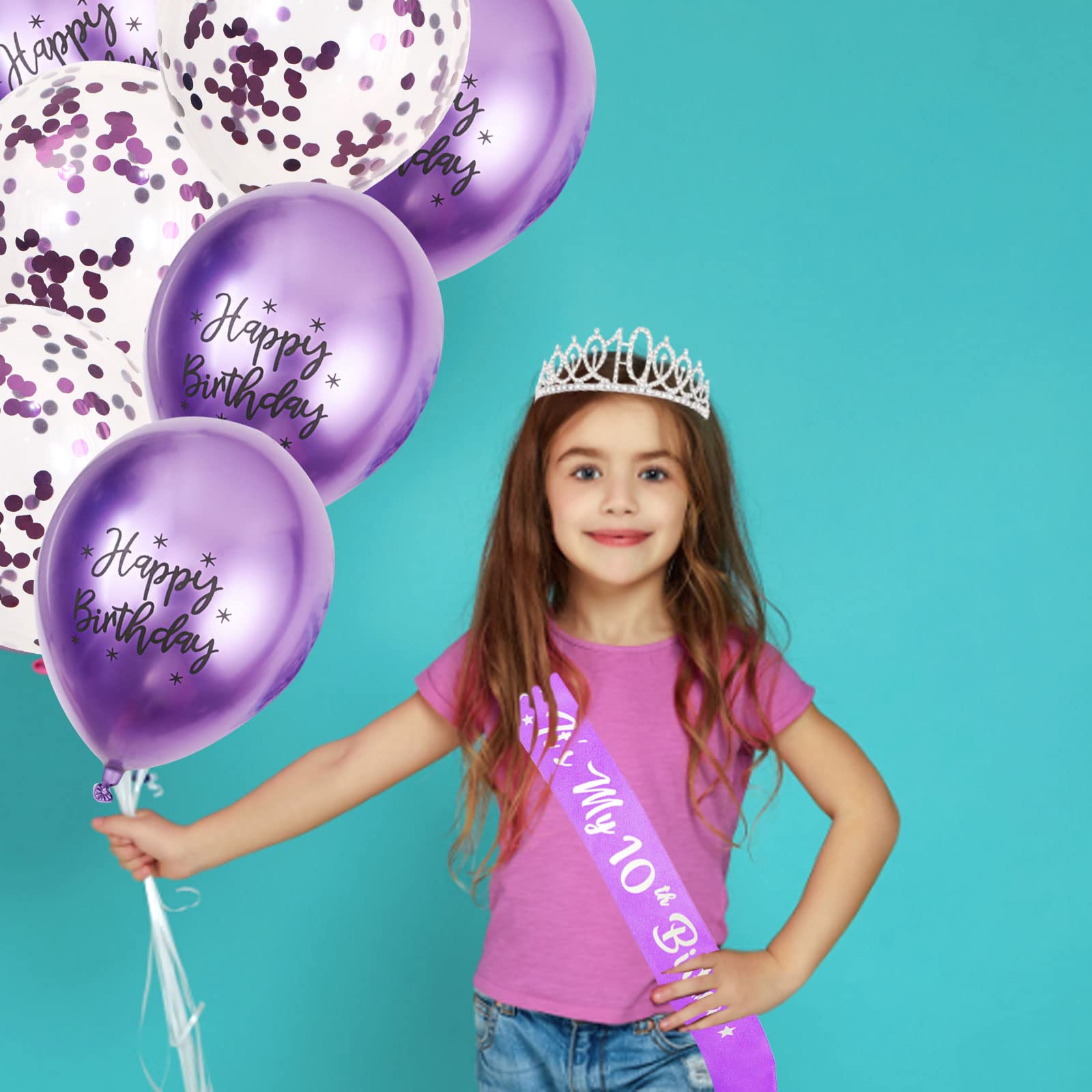 10th Birthday Decorations for Girls, Lavender Glitter Birthday sash, Silver 10th Birthday Crown, Lavender No.10 and Star Aluminum Foil Balloon, Happy Birthday Latex Balloons