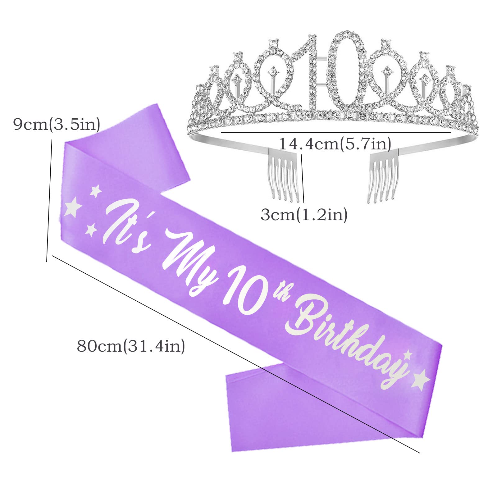 10th Birthday Decorations for Girls, Lavender Glitter Birthday sash, Silver 10th Birthday Crown, Lavender No.10 and Star Aluminum Foil Balloon, Happy Birthday Latex Balloons