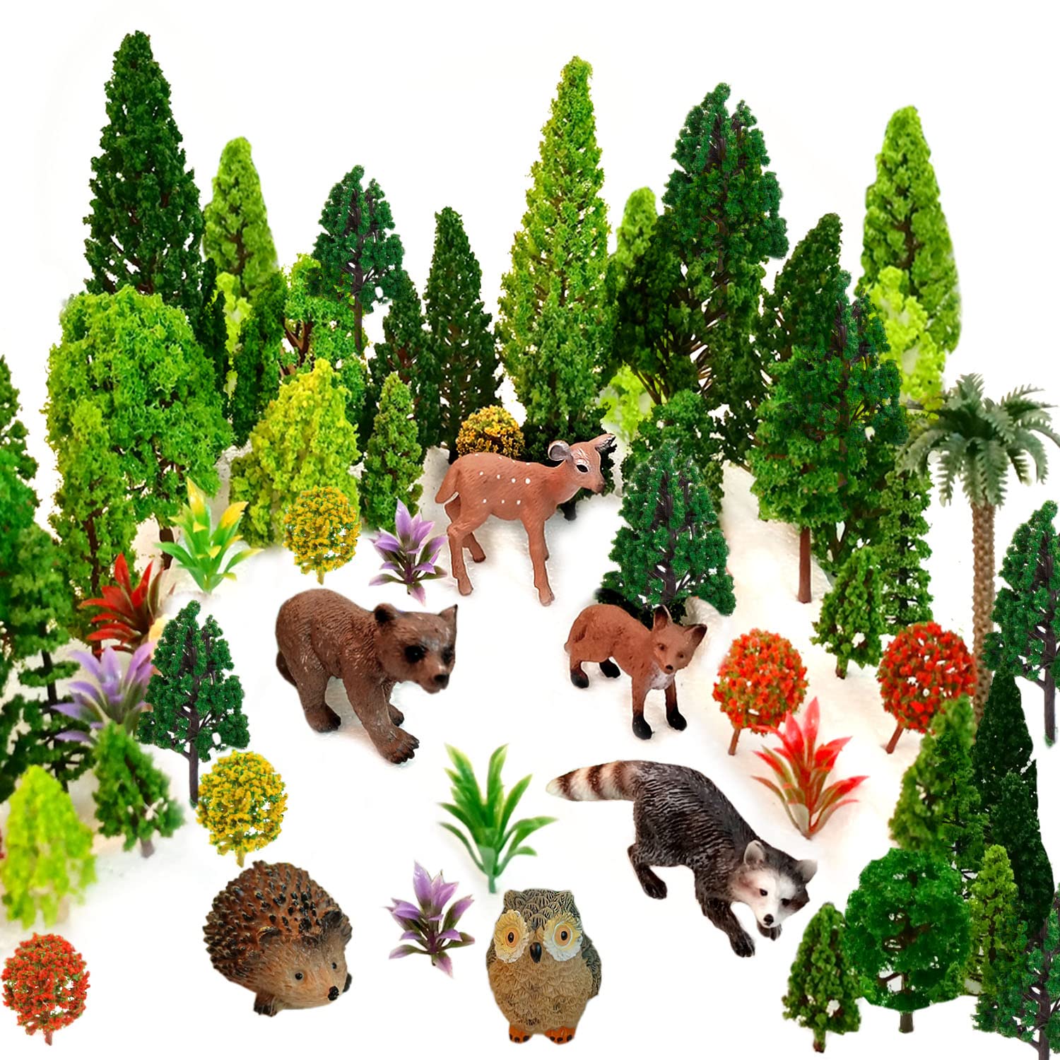 OrgMemory 48pcs Animal Trees, Ho Scale Bushes with Animals Figures, Plastic Trees for Projects 1.5-6 inch(4-16 cm), Model Train Scenery