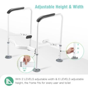 Hybodies Toilet Safety Rails for Elderly, Heavy Duty Toilet Safety Frame with Handles, Adjustable Height & Width, Toilet Assist Grab Bar with Anti-Slip Mat, Up to 350 Lbs, Fits for Any Toilets