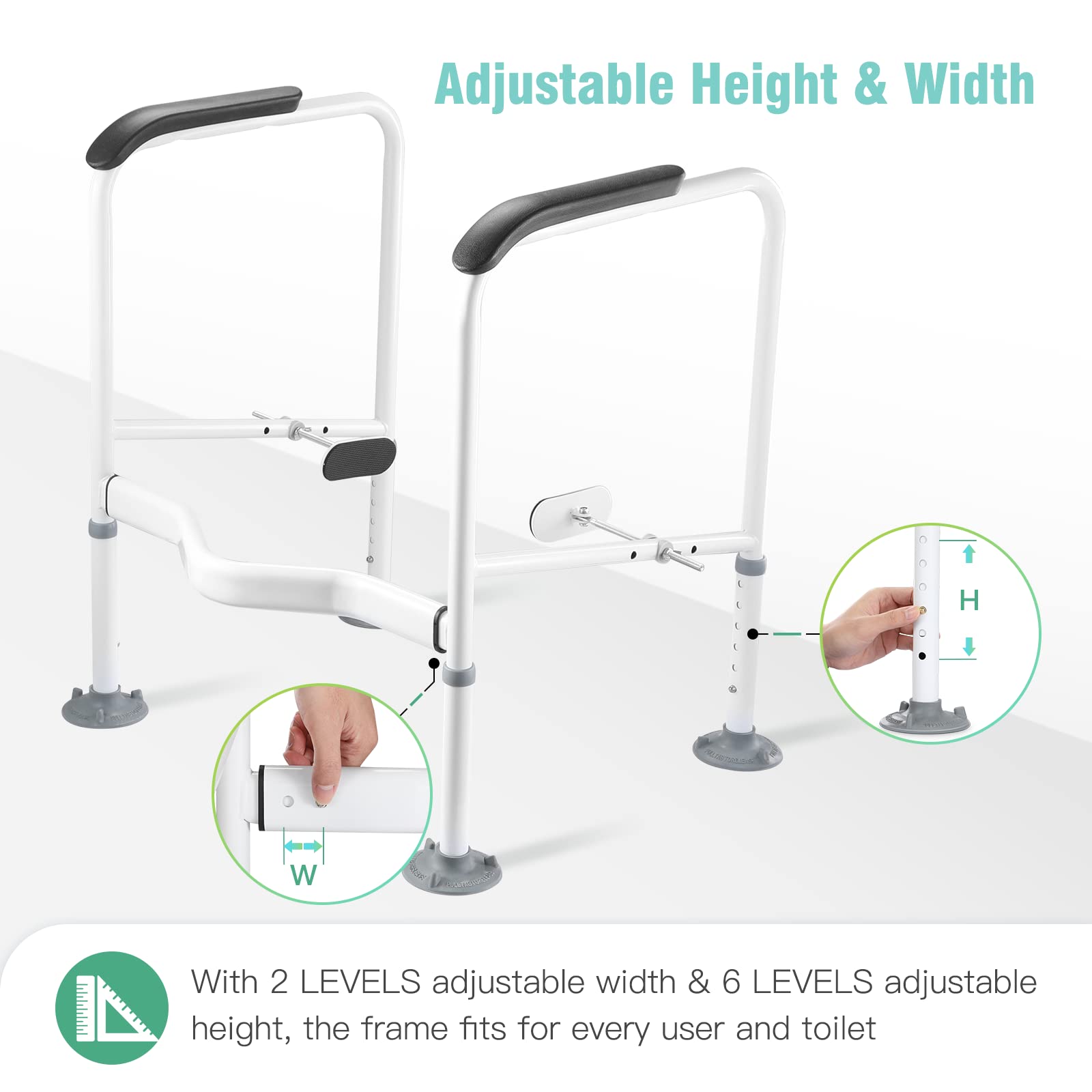 Hybodies Toilet Safety Rails for Elderly, Heavy Duty Toilet Safety Frame with Handles, Adjustable Height & Width, Toilet Assist Grab Bar with Anti-Slip Mat, Up to 350 Lbs, Fits for Any Toilets