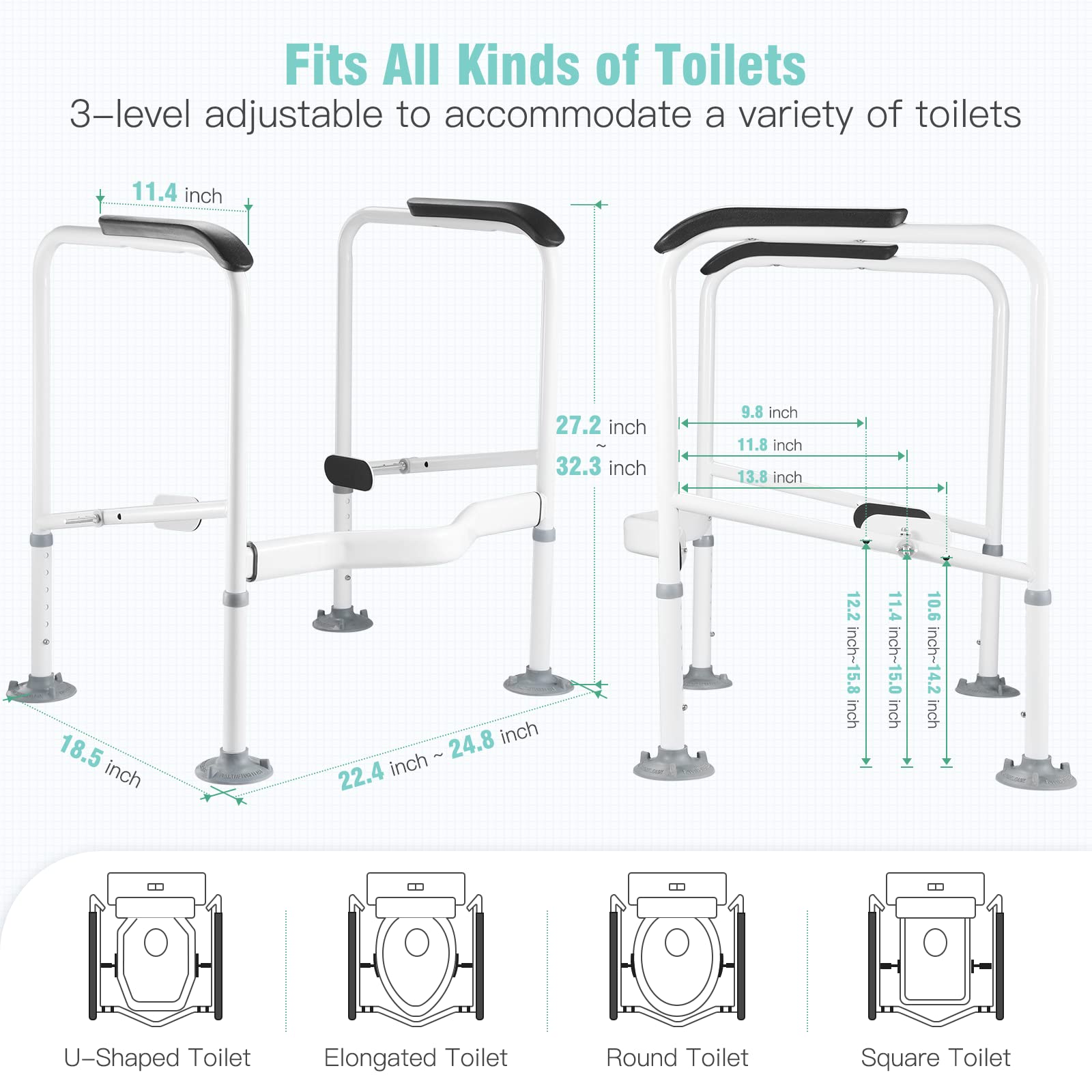 Hybodies Toilet Safety Rails for Elderly, Heavy Duty Toilet Safety Frame with Handles, Adjustable Height & Width, Toilet Assist Grab Bar with Anti-Slip Mat, Up to 350 Lbs, Fits for Any Toilets