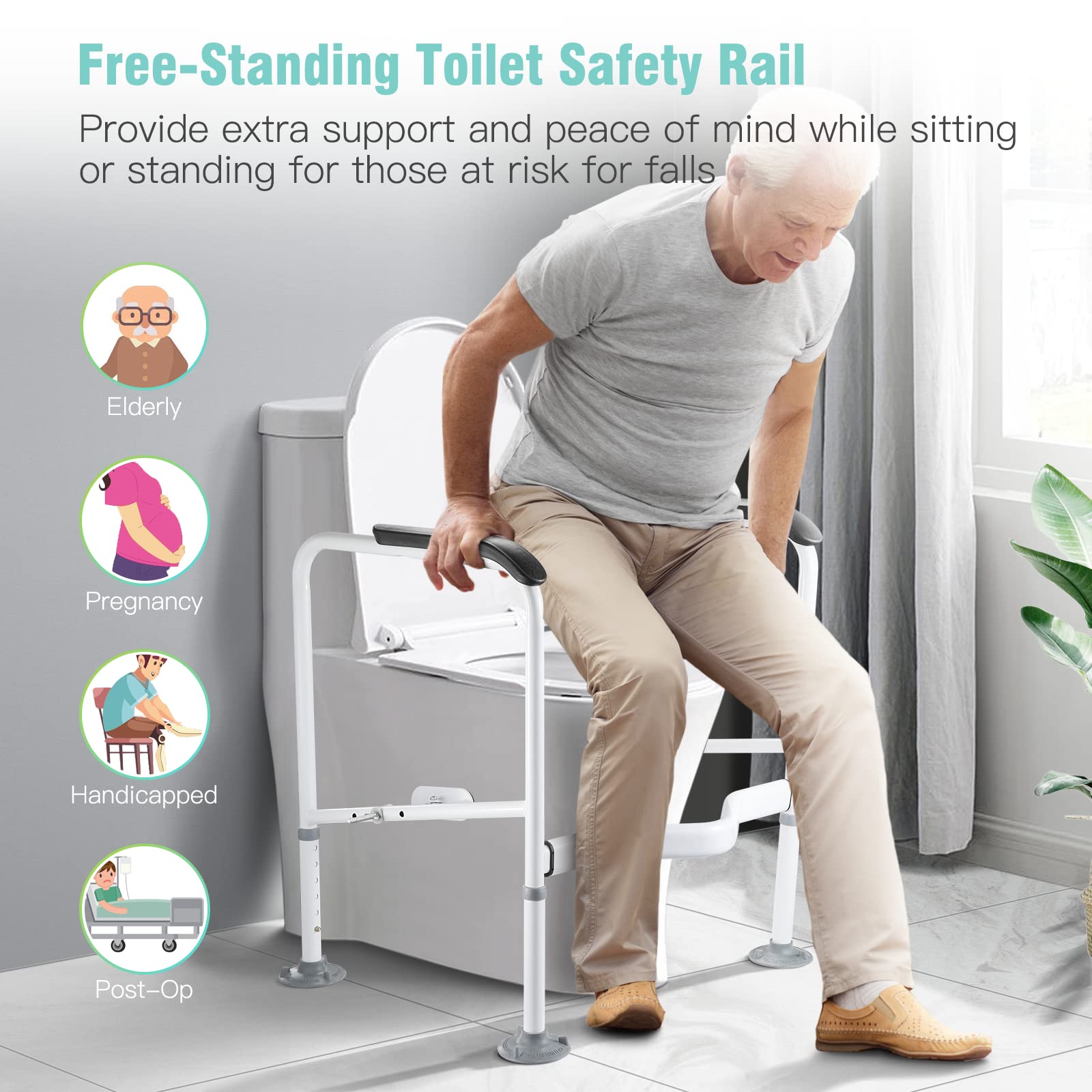 Hybodies Toilet Safety Rails for Elderly, Heavy Duty Toilet Safety Frame with Handles, Adjustable Height & Width, Toilet Assist Grab Bar with Anti-Slip Mat, Up to 350 Lbs, Fits for Any Toilets