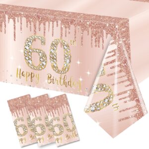 excelloon 3 pack 60th birthday tablecloth decorations for women, pink rose gold happy 60 birthday table cover party supplies, sixty year old birthday plastic disposable rectangular table cloth decor