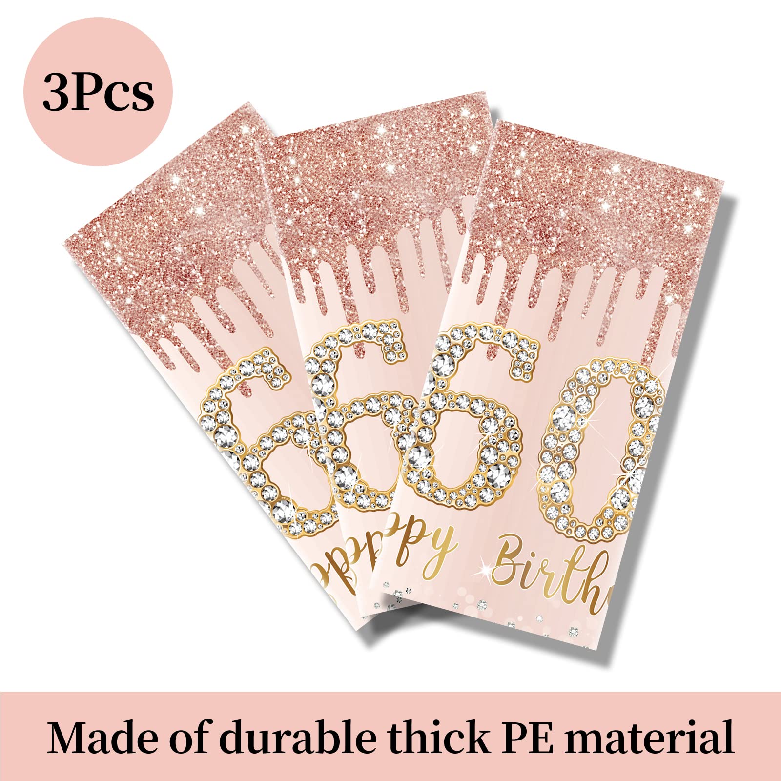 Excelloon 3 Pack 60th Birthday Tablecloth Decorations for Women, Pink Rose Gold Happy 60 Birthday Table Cover Party Supplies, Sixty Year Old Birthday Plastic Disposable Rectangular Table Cloth Decor