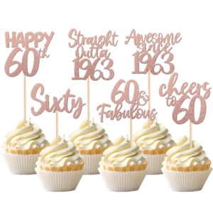 24 pcs happy 60th birthday cupcake toppers glitter sixty straight outta 1963 cupcake picks cheers to 60 fabulous awesome since 1963 cake decorations for 60th birthday party supplies rose gold