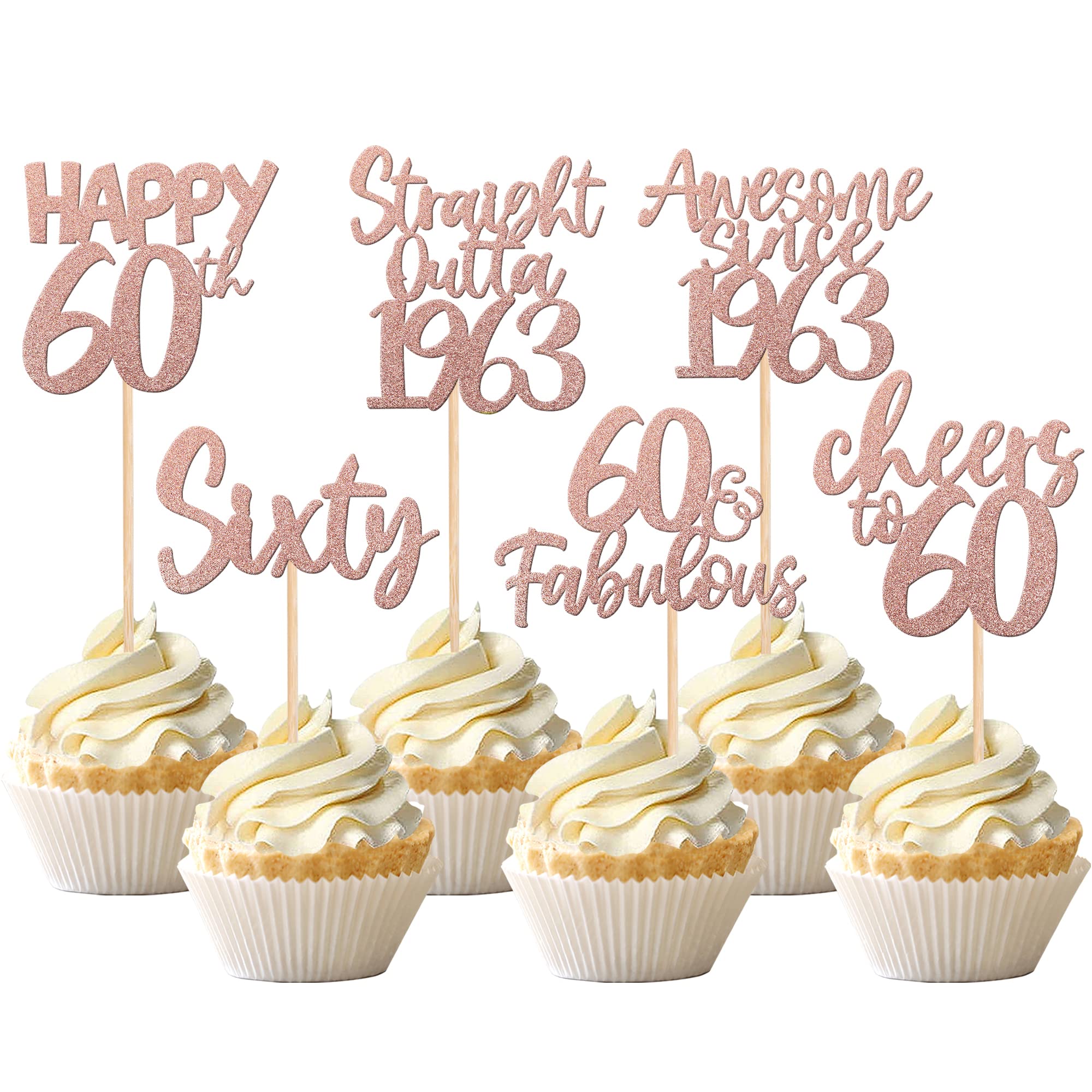 24 PCS Happy 60th Birthday Cupcake Toppers Glitter Sixty Straight Outta 1963 Cupcake Picks Cheers to 60 Fabulous Awesome Since 1963 Cake Decorations for 60th Birthday Party Supplies Rose Gold