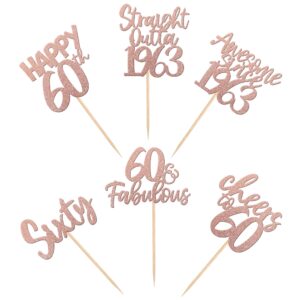 24 PCS Happy 60th Birthday Cupcake Toppers Glitter Sixty Straight Outta 1963 Cupcake Picks Cheers to 60 Fabulous Awesome Since 1963 Cake Decorations for 60th Birthday Party Supplies Rose Gold