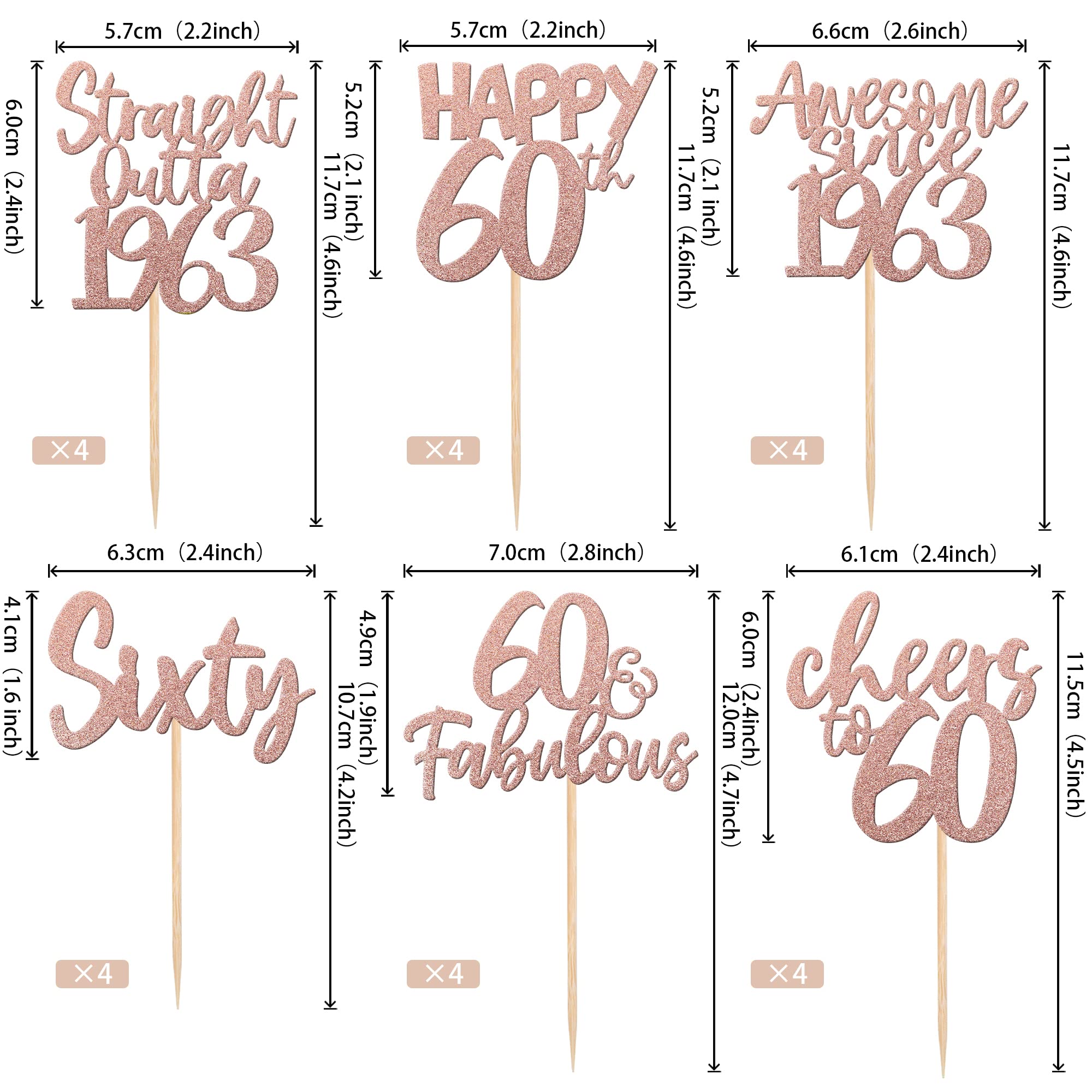 24 PCS Happy 60th Birthday Cupcake Toppers Glitter Sixty Straight Outta 1963 Cupcake Picks Cheers to 60 Fabulous Awesome Since 1963 Cake Decorations for 60th Birthday Party Supplies Rose Gold