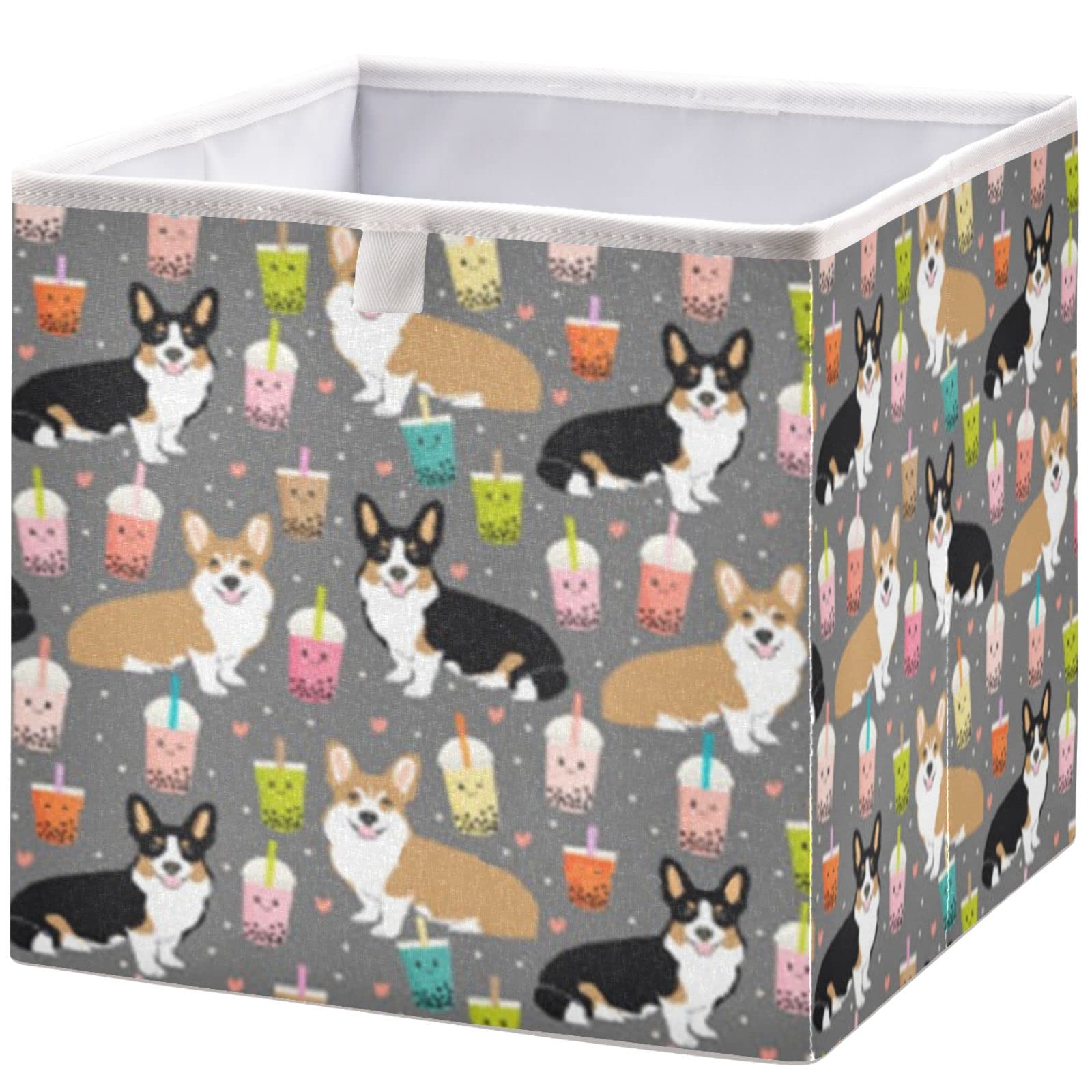 visesunny Rectangular Shelf Basket Corgi Bubble Tea Clothing Storage Bins Closet Bin with Handles Foldable Rectangle Storage Baskets Fabric Containers Boxes for Clothes,Books,Toys,Shelves,Gifts