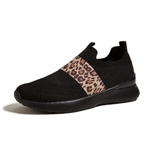 lucky step women 's mesh slip on fashion sneaker soft comfortable lightweight walking shoes(black/leopard,9 b(m) us)