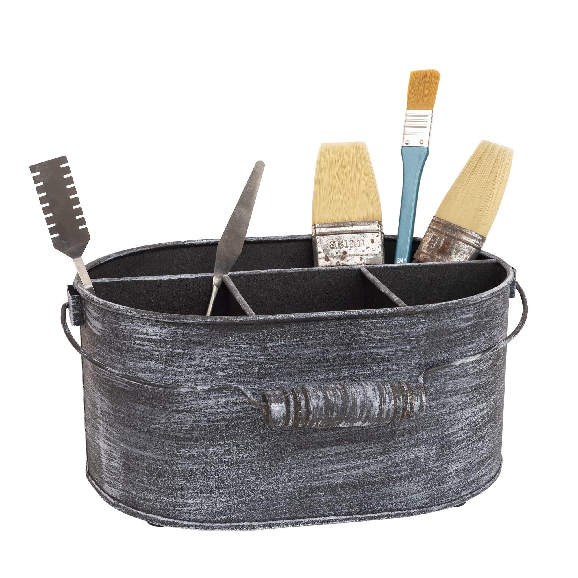 GoCraft Farmhouse Galvanized Metal Flatware Caddy | Rustic Grey Kitchen Home Storage Organiser with 4 Compartments and Handle | Multipurpose Carry-All Utensil Cutlery Napkin Holder