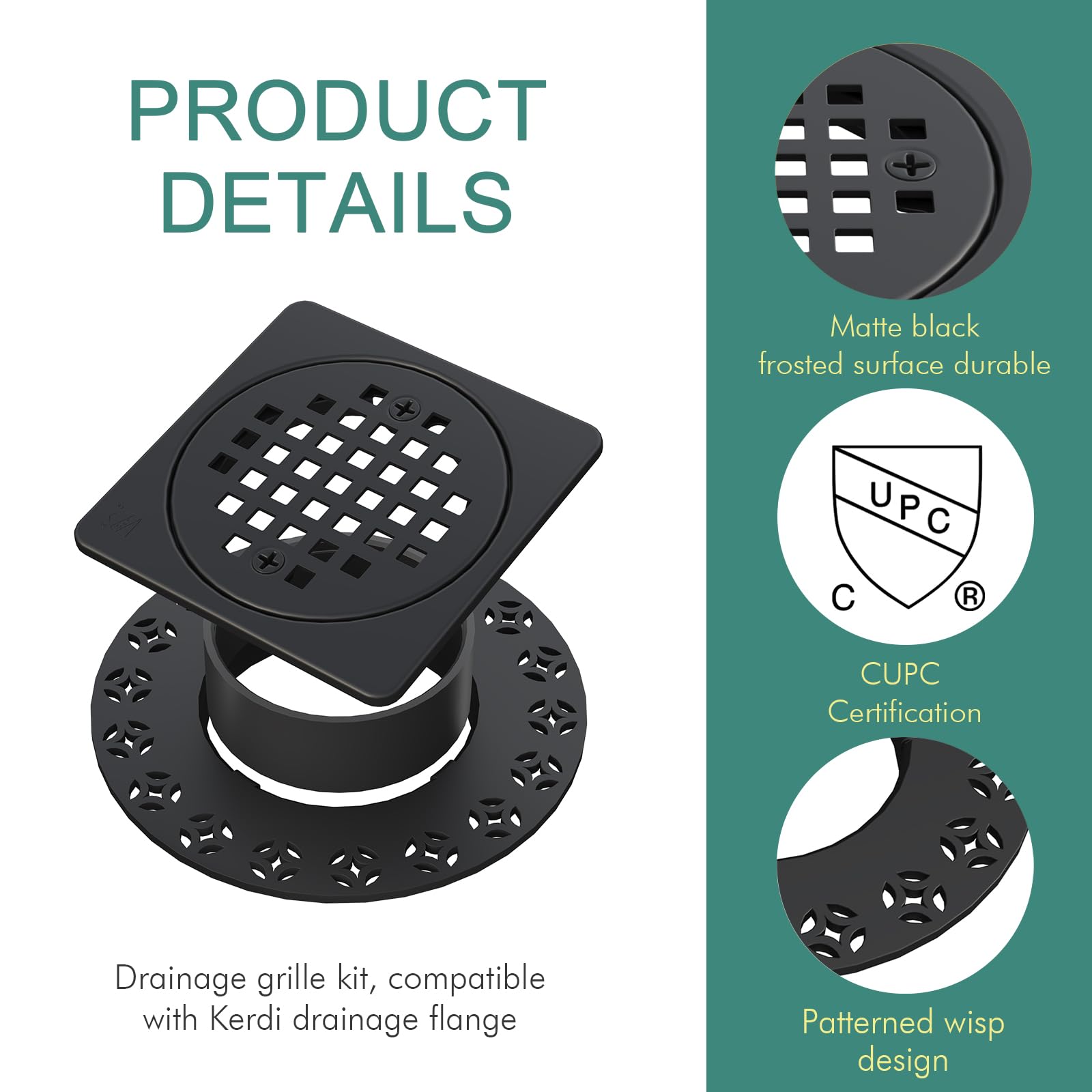 Uni-Green 4” Drain Grate Kit Replacement Compatible with Schluter Kerdi-Drain Flange - CUPC Certification, SS304 Stainless Steel and Durable ABS Material, Includes Height Adjustment Collar and Ring.