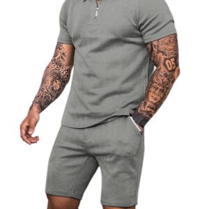 Babioboa Men's Tracksuit Polo Sirt and Shorts Set Solid Waffle Jersey Polo Short Suit Zip up 2 Piece Outfits(Grey,XXL)