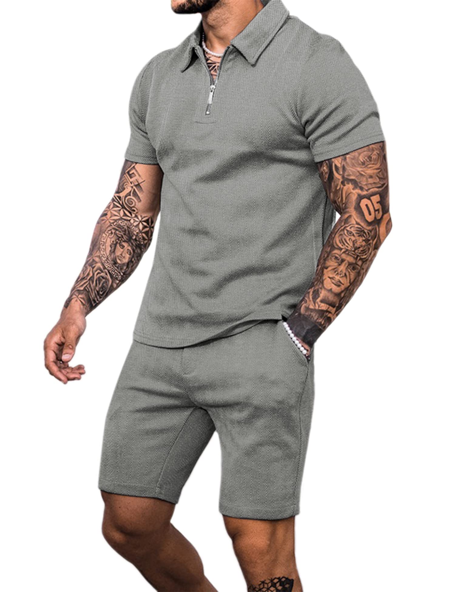 Babioboa Men's Tracksuit Polo Sirt and Shorts Set Solid Waffle Jersey Polo Short Suit Zip up 2 Piece Outfits(Grey,XXL)