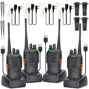 walkie talkies long range for adults rechargeable walkie talkie baofeng 2 way radio with air acoustic tube earpiece uhf handheld transceiver walky talky with flashlight battery usb charger(4 pack)