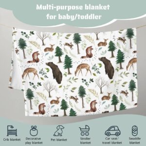 HawSkgFub Woodland Forest Animals Baby Blanket Boys Gift, Pine Tree Bear Fox Deer Leaf Flannel Fleece Nursery Bed Swaddling Blankets, Soft Lightweight Newborn Infant Kids Toddler Crib Bedding 30 x 40