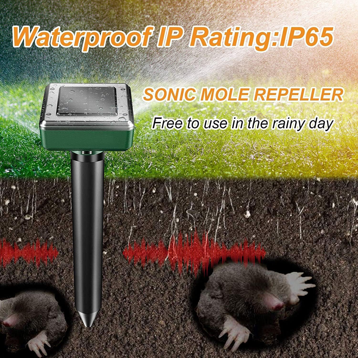Mole Repellent Solar Powered 4 Pack Ultrasonic Sonic Repellent, Vole Snake Gopher Deterrent Spikes for Lawn Garden, Outdoor Yard Groundhog Chipmunk Repeller